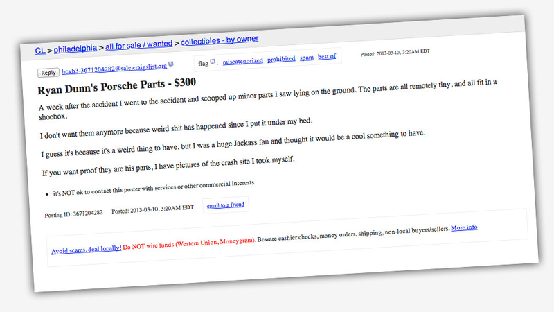 Illustration for article titled Person On Craigslist Trying To Sell Haunted Parts From Ryan Dunn's Fatal Accident